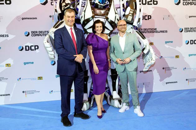 Markus Söder, Dorothee Bär und Fabian Mehring bei der Verleihung des Deutschen Computerspielpreises 2026 im Herkulessaal der Residenz. München, 29.04.2026