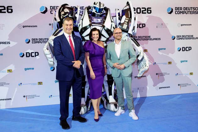Markus Söder, Dorothee Bär und Fabian Mehring bei der Verleihung des Deutschen Computerspielpreises 2026 im Herkulessaal der Residenz. München, 29.04.2026