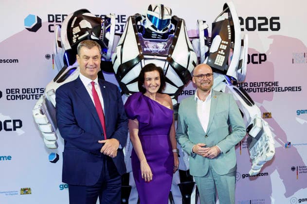 Markus Söder, Dorothee Bär und Fabian Mehring bei der Verleihung des Deutschen Computerspielpreises 2026 im Herkulessaal der Residenz. München, 29.04.2026