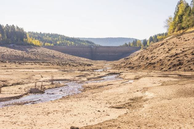 Weite trockene Flusslandschaft unter sonnigem Himmel mit Waldhintergrund, geleerte Schwarzenbachtalsperre, Forbach, Schwarzwald, Deutschland Wide dry river landscape under sunny sky with forest background, emptied Schwarzenbach dam, Forbach, Black Forest, Germany Copyright: imageBROKER ManuelxKamuf ibxmlk17486228.jpg
