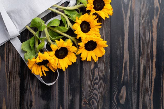 Frische Sonnenblumen mit Blättern am Stiel in einer Einkaufstasche auf einem Holzhintergrund. Flat Lay, Draufsicht, Freiraum. fresh sunflowers with leaves on stalk in shopping bag on wooden background. Flat lay, top view, copy space. Autumn or summer Concept, harvest time, agriculture. Sunflower natural background (License=RF) Copyright: xZoonar.com ILONAxSHOROKHOVAx 24990957