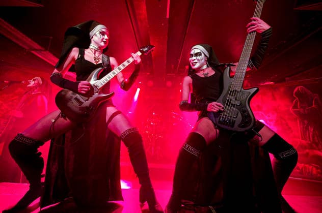 May 1, 2026, Manchester, United Kingdom: LAMIA ( Guitar ) and LILITH (vocals) of Dogma, a female Rock band, performing at Club Academy, Manchester UK Manchester United Kingdom  - ZUMAp211 20260501_aap_p211_008 Copyright: xAndyxVonxPipx