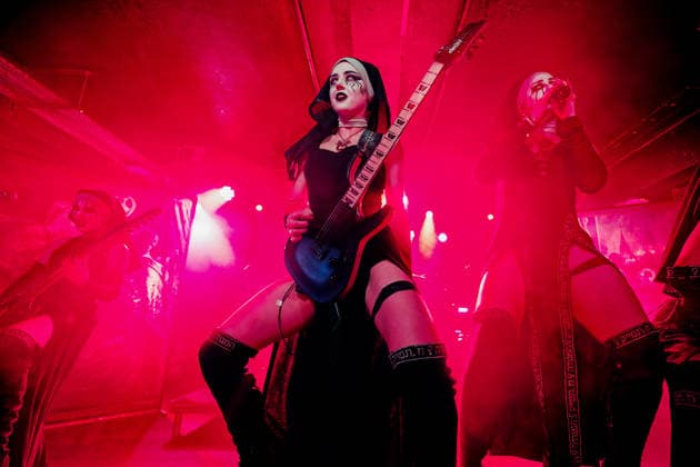 May 1, 2026, Manchester, United Kingdom: RUSALKA ( guitar ) LAMIA ( Guitar ) And LILITH (vocals) of Dogma, a female Rock band, performing at Club Academy, Manchester UK Manchester United Kingdom  - ZUMAp211 20260501_aap_p211_002 Copyright: xAndyxVonxPipx