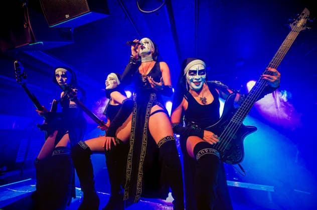 May 1, 2026, Manchester, United Kingdom: RUSALKA guitar, LAMIA guitar, LILITH vocals, and NIXE bass of a female Rock band, Dogma, performing at Club Academy Manchester UK Manchester United Kingdom  - ZUMAp211 20260501_aap_p211_017 Copyright: xAndyxVonxPipx