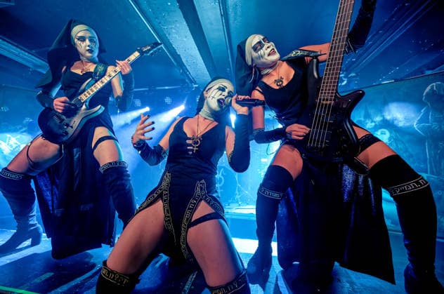 May 1, 2026, Manchester, United Kingdom: LAMIA guitar , LILITH vocals and NIXE bass, of a female Rock band, Dogma, performing at Club Academy Manchester UK Manchester United Kingdom  - ZUMAp211 20260501_aap_p211_014 Copyright: xAndyxVonxPipx