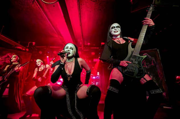 May 1, 2026, Manchester, United Kingdom: RUSALKA guitar, LAMIA guitar, LILITH vocals, NIXE bassist of Dogma, a female Rock band, performing at Club Academy, Manchester UK Manchester United Kingdom  - ZUMAp211 20260501_aap_p211_020 Copyright: xAndyxVonxPipx