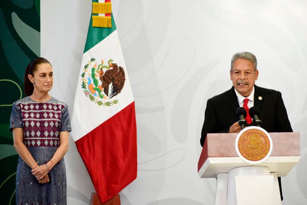 Mexican President Claudia Sheinbaum Holds International Workers Day Briefing Mexico™s President Claudia Sheinbaum Pardo is seen behind while Minister of Confederation of Mexican Workers, Tereso Medina Ramirez speaks during a briefing on labor rights for International Workers Day, at the Mexico Contemporaneo Cultural Center. on May 1, 2026 in Mexico City, Mexico. (Photo by Luis Barron Eyepix Group) Copyright: xLuisxBarron xEyepixxGroupx LB_01052026_183202