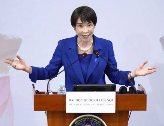 Japan PM Takaichi in Hanoi Japanese Prime Minister Sanae Takaichi makes a speech at Vietnam National University in Hanoi on May 2, 2026, to push forward Japan s proposal for promoting a free and open Indo-Pacific.  A14AA0005510765P