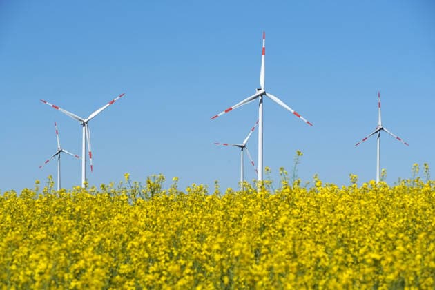 Kulturlandschaft mit Windrädern und blühendem Rapsfeld, nachhaltige Energiegewinnung, Landwirtschaft im Mai *** Cultural landscape with Wind turbines and flourishing Rape field, Sustainable Energy generation, Agriculture at May 1131609461