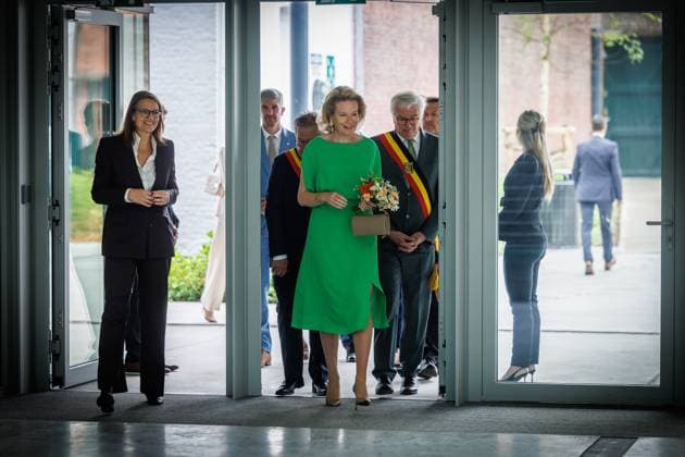Brugge mayor Dirk De fauw, West-Flanders province governor Carl Decaluwe and Queen Mathilde of Belgium pictured during a royal visit to the BRUSK arts center in Brugge, Monday 04 May 2026. BRUSK is set to open for the public on 8 May.  KURTxDESPLENTER 172826959