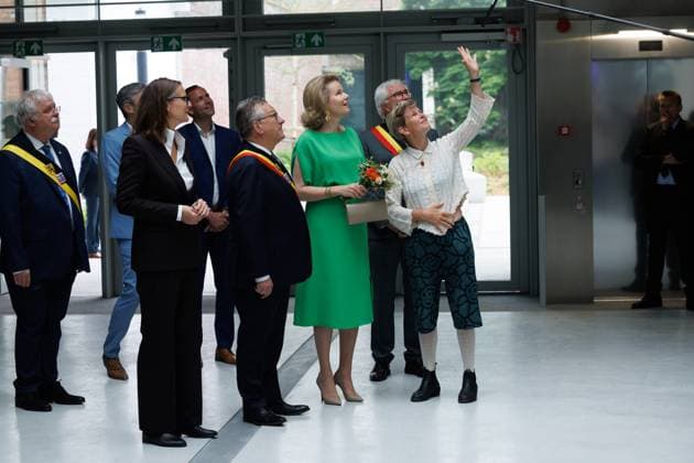 Brugge mayor Dirk De fauw, Queen Mathilde of Belgium, West-Flanders province governor Carl Decaluwe and French artist Laure Prouvost pictured during a royal visit to the BRUSK arts center in Brugge, Monday 04 May 2026. BRUSK is set to open for the public on 8 May.  KURTxDESPLENTER 172826989