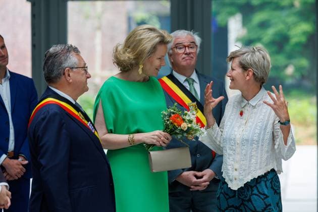 Brugge mayor Dirk De fauw, Queen Mathilde of Belgium, West-Flanders province governor Carl Decaluwe and French artist Laure Prouvost pictured during a royal visit to the BRUSK arts center in Brugge, Monday 04 May 2026. BRUSK is set to open for the public on 8 May.  KURTxDESPLENTER 172826990