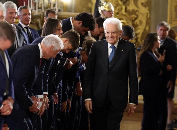 Rome - Italy, May 4, 2026: Sergio Mattarella bids farewell to the athletes. A special meeting at the Quirinale Palace between President Sergio Mattarella and the Italian women s and men s national tennis teams, who achieved an extraordinary feat: winning the 2025 Billie Jean King Cup and the 2025 Davis Cup. Talent, determination, and team spirit that have shaped the history of Italian sport.  Copyright: xmarcoxiacobuccix xipa-agency.netx xmarcoxiacobuccix IPA_Agency_IPA74427756