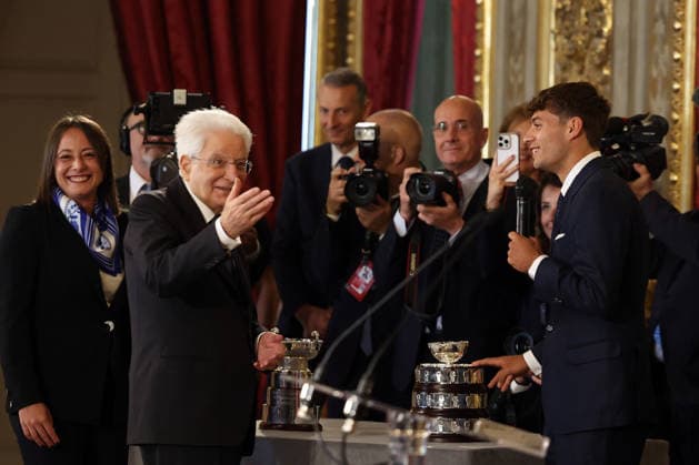 Rome - Italy, May 4, 2026: Flavio Cobolli, Sergio Mattarella. A special meeting at the Quirinale Palace between President Sergio Mattarella and the Italian women s and men s national tennis teams, who achieved an extraordinary feat: winning the 2025 Billie Jean King Cup and the 2025 Davis Cup. Talent, determination, and team spirit that have shaped the history of Italian sport.  Copyright: xmarcoxiacobuccix xipa-agency.netx xmarcoxiacobuccix IPA_Agency_IPA74428061