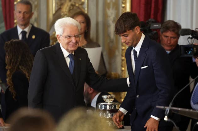 Rome - Italy, May 4, 2026: Flavio Cobolli, Sergio Mattarella. A special meeting at the Quirinale Palace between President Sergio Mattarella and the Italian women s and men s national tennis teams, who achieved an extraordinary feat: winning the 2025 Billie Jean King Cup and the 2025 Davis Cup. Talent, determination, and team spirit that have shaped the history of Italian sport.  Copyright: xmarcoxiacobuccix xipa-agency.netx xmarcoxiacobuccix IPA_Agency_IPA74428069