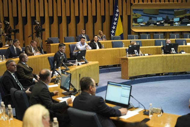 Emergency session of the House of Peoples of the BiH Parliamentary Assembly SARAJEVO, BOSNIA AND HERZEGOVINA - MAY 04: An emergency session of the House of Peoples of the Parliamentary Assembly of BiH is held at the BiH Parliament building in Sarajevo, Bosnia and Herzegovina on May 04, 2026. Samir Jordamovic Anadolu Sarajevo Bosnia and Herzegovina. Editorial use only. Please get in touch for any other usage.  Copyright: x2026xAnadoluxSamirxJordamovicx