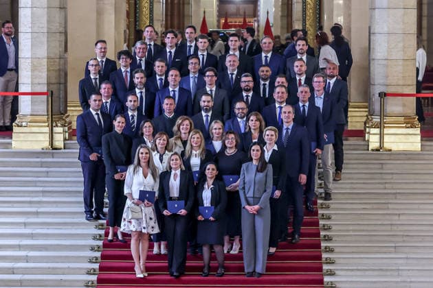 National Election Office awards certificates handed to members of Hungarian Parliament BUDAPEST, HUNGARY - MAY 4: Newly elected ministers and Members of the Parliament are seen as the National Election Office (NVI) awards certificates of mandate to Members of Parliament elected from national party lists in the 2026 general parliamentary elections, following the finalization of the national list results, in Budapest, Hungary on 4th May 2026. Robert Nemeti Anadolu Budapest Hungary. Editorial use only. Please get in touch for any other usage.  Copyright: x2026xAnadoluxRobertxNemetix