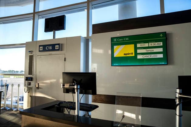 An empty Spirit Airlines gate with a cancelled flight to Tampa, Florida is seen at the Louis Armstrong New Orleans International Airport (MSY) in New Orleans, Louisiana on Monday, May 4, 2026. Spirit Airlines abruptly shutdown operations and cancelled all flights on Saturday due to financial problems, leaving thousands of passengers without travel.  NOL20260504300 BONNIExCASH