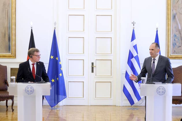 George Gerapetritis-Johann Wadephul meeting in Athens ATHENS, GREECE - MAY 04: Greek Foreign Minister George Gerapetritis and his German counterpart Johann Wadephul, hold a joint press conference at the Foreign Ministry in Athens, Greece, on May 4, 2026. Costas Baltas Anadolu Athens Greece. Editorial use only. Please get in touch for any other usage.  Copyright: x2026xAnadoluxCostasxBaltasx