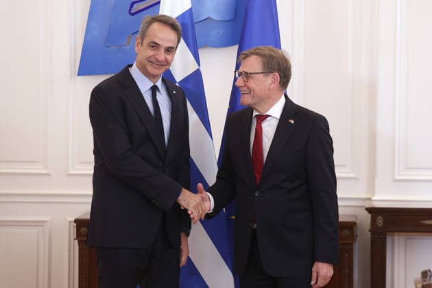 Kyriakos Mitsotakis - Johann Wadephul meeting in Athens ATHENS, GREECE - MAY 4: Greek Prime Minister Kyriakos Mitsotakis (L) meets German Foreign Minister Johann Wadephul (R) at Maximos Mansion in Athens, Greece on May 4, 2026. Costas Baltas Anadolu Athens Greece. Editorial use only. Please get in touch for any other usage.  Copyright: x2026xAnadoluxCostasxBaltasx