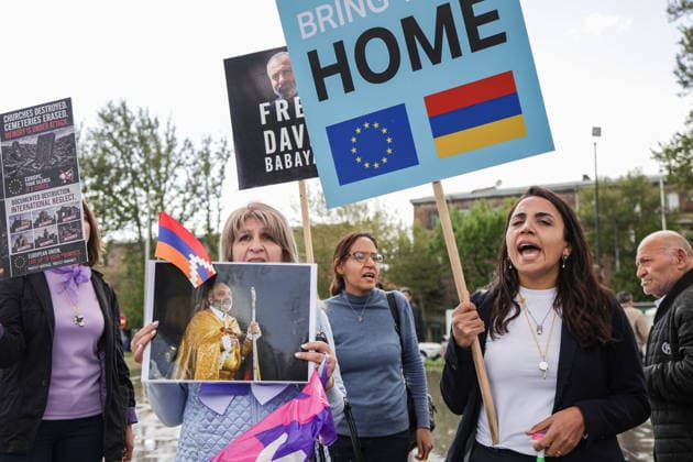 ARMENIA, YEREVAN - MAY 4, 2026: People take part in a rally held by the Republican Party of Armenia in front Karen Demirchyan Sports and Concert Complex hosting the 8th European Political Community Summit. The protesters intend to express dissatisfaction with the situation with political prisoners, Armenian prisoners of war in Azerbaijan, ethnic cleansing in the Nagorno-Karabakh Republic, the government s pressure on the Armenian Apostolic Church, political pressure, and pressure on the media Yerevan Armenia  - ZUMAt113 20260504_zaa_t113_154 Copyright: xAlexanderxPatrinx