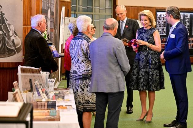Queen Elisabeth Competition President Count Yvan de Launoit , Queen Mathilde of Belgium and Historian Peter Francois attend a royal visit to the 75 years of history exhibition on the Queen Elisabeth Competition, at the Brussels Flagey concert hall, Monday 04 May 2026. This year s edition of the competition, focusing on the cello, takes place from 4 tot 30 May.  DIRKxWAEM 172854555