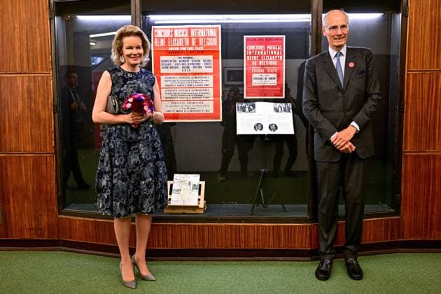 Queen Mathilde of Belgium and Queen Elisabeth Competition President Count Yvan de Launoit attend the 75 years of history exhibition on the Queen Elisabeth Competition, at the Brussels Flagey concert hall, Monday 04 May 2026. This year s edition of the competition, focusing on the cello, takes place from 4 tot 30 May.  DIRKxWAEM 172856656