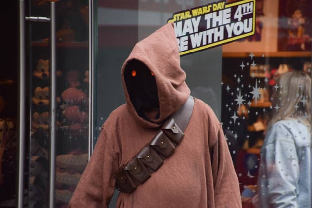 May 4, 2026, London, England, United Kingdom: A performer wearing a Jawa costume stands outside the Disney store on Oxford Street on Star Wars Day. The beloved sci-fi franchise is celebrated each year on May 4th, a pun on the famous phrase May The Force Be With You. London United Kingdom  - ZUMAv130 20260504_zip_v130_016 Copyright: xVukxValcicx