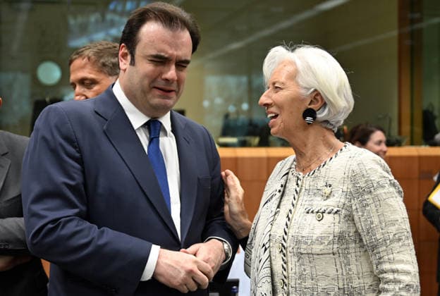 Eurozone Finance Ministers Meeting BRUSSELS, BELGIUM - MAY 4: Minister of Economy and Finance of Greece, Kyriakos Pierrakakis (L), and President of the European Central Bank, Christine Lagarde (R) attend the Eurozone Finance Ministers Meeting in Brussels, Belgium, on May 4, 2026. Dursun Aydemir Anadolu Brussels Belgium. Editorial use only. Please get in touch for any other usage.  Copyright: x2026xAnadoluxDursunxAydemirx