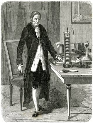 RECORD DATE NOT STATED Wood engraving of Alessandro Volta (1745?1827) demonstrating his electric pile (battery) in Paris, c1870. Alessandro Volta (1745-1827) Italian physicist, demonstrating his electric pile (battery). Wood engraving, Paris, c1870. Editorial use only. All other uses to be cleared with the copyright owner (World History Archive), in advance., WHA_008_0904.jpg, Alessandro Volta; Italian physicist; electric pile; battery; wood engraving; Paris; 1870; scientist; inventor; electricity; historical; demonstration; technology; innovation; experiment; discovery; famous; portrait; vintage; black and white; European; 19th century; scientific instrument; Alessandro Volta portrait; Italian scientist; electric battery; historical figure Copyright: xx
