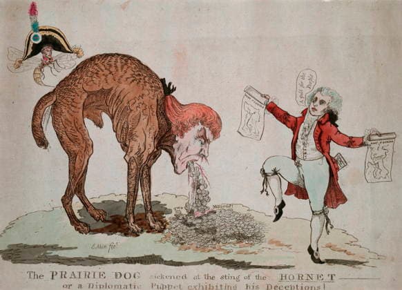 RECORD DATE NOT STATED Napoleon as a hornet stinging Thomas Jefferson to reveal the West Florida purchase price with a French diplomat holding maps, James Akin, 1804. Cartoon against Thomas Jefferson s (Prairie Dog) secret negotiations for US purchase West Florida from Spain. Napoleon as a hornet stings Jefferson to reveal the purchse price. French diplomat holds maps. James Akin, 1804. Editorial use only. All other uses to be cleared with the copyright owner (World History Archive), in advance., WHA_013_0196.jpg, Cartoon; Thomas Jefferson; Prairie Dog; secret negotiations; US purchase; West Florida; Spain; Napoleon; hornet; stings; purchase price; French diplomat; maps; James Akin; 1804; political satire; historical cartoon; American his Copyright: xx