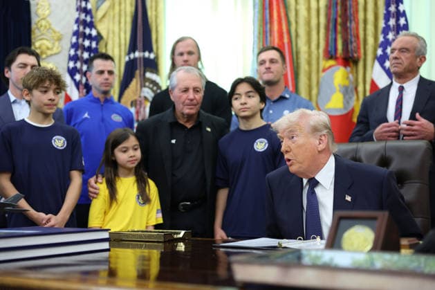 President Donald Trump speaks before signing a proclamation inside the Oval Office at The White House in Washington, on May 5, 2026. The memorandum is set to restore the Presidential Fitness Test Award, a competitive school-based fitness program last seen under the Obama administration.  WASP20260505104 TomxBrenner