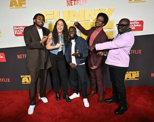 Netflix Is A Joke Festival Presents: Funny AF with Kevin Hart Usama Siddiquee, Caitlin Peluffo, Kevin Hart, Ron Taylor and Reg Thomas arriving to Netflix Is A Joke Festival Presents: Funny AF with Kevin Hart held at The United Theater on Broadway on May 5, 2026 in Los Angeles, CA. Los Angeles The United Theater on Broadway California USA Copyright: xStarbuck xAFF-USA.COMx