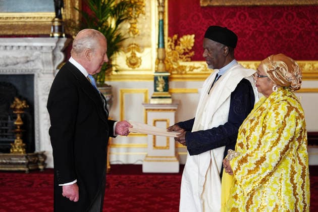 Audience at St James Palace Aminu Muhammad Dalhatu, High Commissioner for Nigeria accompanied by Mrs. Dalhatu, presents his credentials during an audience with King Charles III (left) at St James s Palace, London. Picture date: Wednesday May 6, 2026., Credit:Aaron Chown Avalon UK  Copyright: xAaronxChownx xAvalonx 1096899743