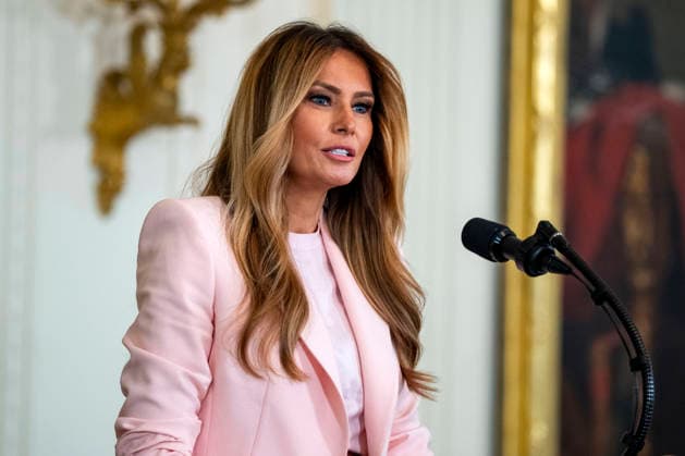 First Lady Melania Trump speaks during an event honoring military mothers and spouses in the East Room of the White House in Washington, DC on Wednesday, May 6, 2026.  WAP20260506304 BONNIExCASH