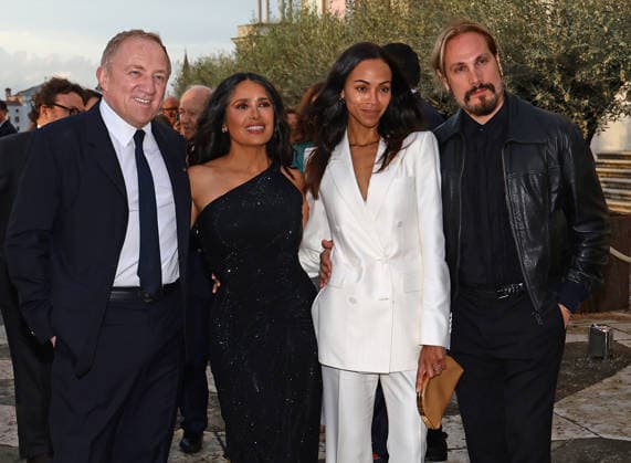 Gala dinner at the Pinault family s Giorgio Cini Foundation. Pictured: François-Henri Pinault, Salma Hayek, Zoe Saldana, and Marco Perego.  Copyright: xMatteoxChinellatox xipa-agency.netx xipa-agency.netx xMatteoxChinellatox IPA_Agency_IPA74478213