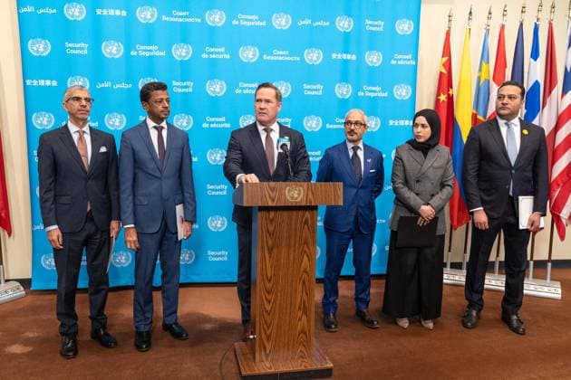 May 7, 2026, New York, New York, USA: Ambassador Michael Waltz of USA speaks at joint press briefing with Ambassador Jamal Fares Alrowaiei of Bahrain at UN Headquarters in New York, NY on May 7, 2026. They were joined by Ambassadors Mohamed Issa Abushahab of UAE, Abdulaziz M. Alwasil of Saudi Arabia, Alya Ahmed Saif Al-Thani of Qatar and Tareq M. A. M. Albanai Kuwait. They introduced draft resolution for the Security Council to force Iran to uphold freedom of navigation and trade in the Strait of Hormuz. Draft resolution was introduced after Iran is trying to force shippers to comply with a new protocol for transiting the Strait of Hormuz by paying fees or risk attack by Iranian navy. New York USA - ZUMAr339 20260507_znp_r339_016 Copyright: xLevxRadinx