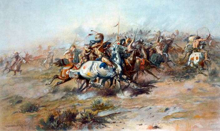 RECORD DATE NOT STATED Illustration of The Custer Fight 1903. The Custer Fight 1903. The Battle of the Little Bighorn, showing Native Americans on horseback in foreground. Charles M. Russell Editorial use only. All other uses to be cleared with the copyright owner (World History Archive), in advance., WHA_034_0214.jpg, Custer Fight; Battle of the Little Bighorn; Native Americans; horseback; Charles M. Russell; painting; historical; Western art; American history; 1903; battle scene; cavalry; warriors; conflict; war; Native American culture; traditional dress; Plains Indians; Wild West; dramatic; action; intense; dramatic; iconic; famous painting; American artist; historical event; battle; soldiers; victory. Copyright: xx