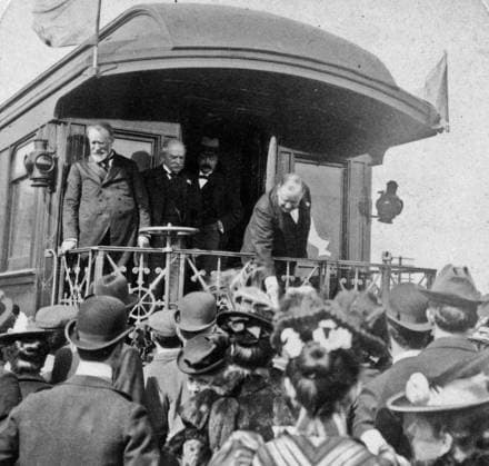 RECORD DATE NOT STATED President William Mckinley 1900. President William McKinley 1900. Shaking hands from the rear platform. Editorial use only. All other uses to be cleared with the copyright owner (World History Archive), in advance., WHA_034_0237.jpg, President William McKinley; 1900; shaking hands; rear platform; political event; historical photo; United States president; public appearance; formal attire; crowd; supporters; campaign trail; election year; American history; vintage image; greeting supporters; presidential campaign; public figure; leader; politician; formal event; historical moment; American politics; 20th century; black and white; formal greeting; presidential duties; public address; historical figure; American leader. Copyright: xx