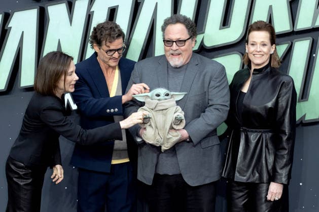 Kathleen Kennedy, Pedro Pascal, Jon Favreau, Grogu and Sigourney Weaver attends Star Wars: The Mandalorian and Grogu UK Fan Event at Cineworld Leicester Square in London, England. UK. Thursday 7th May 2026. Copyright: xJamesxWarrenx The Mandalorian and Grogu Premiere1