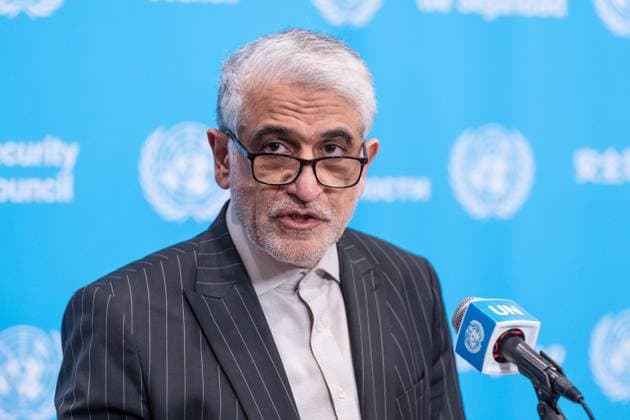 May 7, 2026, New York, New York, USA: Ambassador Amir Saeid Iravani of Iran speaks to reporters at UN Headquarters in New York, NY on May 7, 2026 after representatives of Bahrain, USA and joining them Saudi Arabia, UAE, Qatar and Kuwait introduced draft resolution for the Security Council to force Iran to uphold freedom of navigation and trade in the Strait of Hormuz. Draft resolution was introduced after Iran is trying to force shippers to comply with a new protocol for transiting the Strait of Hormuz by paying fees or risk attack by Iranian navy. New York USA - ZUMAr339 20260507_znp_r339_059 Copyright: xLevxRadinx