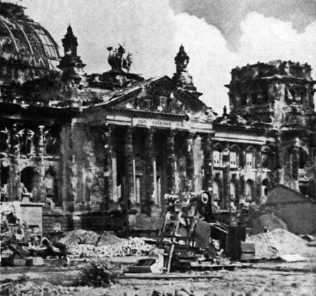 RECORD DATE NOT STATED The ruins of the Reichstag The ruins of the Reichstag after allied and Soviet forces entered Berlin, germany in May 1945 Editorial use only. All other uses to be cleared with the copyright owner (World History Archive), in advance., WHA_037_0730.jpg, Reichstag; ruins; Berlin; Germany; allied forces; Soviet forces; May 1945; World War II; destruction; war; historical; architecture; building; European history; military; conflict; invasion; liberation; devastation; aftermath; urban; cityscape; landmark; destruction; rubble; battle; victory; conquest; soldiers; tanks; fire. Copyright: xx