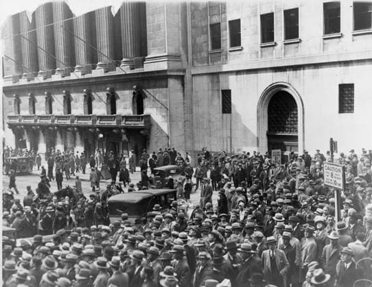 RECORD DATE NOT STATED Crowd outside the New York Stock Exchange after the 1929 stock market crash.. A crowd of people gather outside the New York Stock Exchange following the Crash of 1929. Also known as Black Tuesday it was the most devastating stock market crash in the history of the United States and signalled the beginning of the 10-year Great Depression that affected all of the Western industrialized countries. Editorial use only. All other uses to be cleared with the copyright owner (World History Archive), in advance., WHA_046_0018.jpg, New York Stock Exchange; Crash of 1929; Black Tuesday; stock market crash; United States history; Great Depression; Western industrialized countries; economic collapse; financial crisis; Wall Street; Copyright: xWorldxHirsoryxArchivex