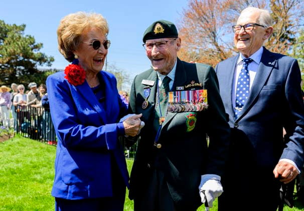 May 9, 2026, Ottawa, On, Canada: Princess Margriet of the Netherlands, left, shares a moment with Korean War Veteran Bill Black as she attends the opening ceremony of the Canadian Tulip Festival in Ottawa, on Saturday, May 9, 2026. Princess Margriet is visiting Ottawa, the city where she was born during the Second World War. The princess was born at the Ottawa Civic Hospital after the Dutch royal family fled to Canada to escape Nazi occupying forces in 1940. Ottawa Canada  - ZUMAc35_ 20260509_zaf_c35_012 Copyright: xSpencerxColbyx