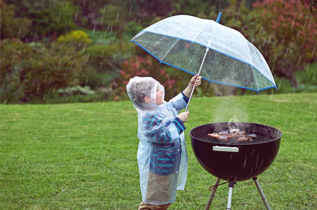 Weather, nature and boy with a grill, rain and wellness with safety, cover and winter outfit. Bbq, male child or kid with umbrella, cold or young person with food, raincoat or outdoor with protection. (License=RF) ,model released, Symbolfoto  Copyright: xZoonar.com YurixArcursx 20275660 ,model released, Symbolfoto ,property released