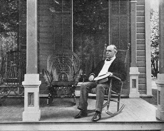 RECORD DATE NOT STATED President William McKinley on the porch of his Canton home President William McKinley on the porch of his Canton home. McKinley (1843-1901)was the 25th President of the United States and led the nation to victory in the Spanish?American War, raised protective tariffs to promote American industry, and maintained the nation on the gold standard in a rejection of inflationary proposals. Editorial use only. All other uses to be cleared with the copyright owner (World History Archive), in advance., WHA_051_0032.jpg, William McKinley; William McKinley presidency; 25th President of the United States; Canton Ohio; Spanish American War; Spanish?American War victory; American industrial policy; Protective tariffs; Dingley Tarif Copyright: xWorldxHistoryxArchivex