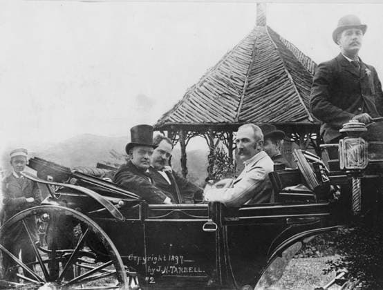 RECORD DATE NOT STATED President McKinley in Asheville President McKinley in Asheville. President McKinley and others posing in an open automobile with mountains and rustic structure in background. McKinley (1843-1901)was the 25th President of the United States and led the nation to victory in the Spanish?American War, raised protective tariffs to promote American industry, and maintained the nation on the gold standard in a rejection of inflationary proposals. Editorial use only. All other uses to be cleared with the copyright owner (World History Archive), in advance., WHA_051_0034.jpg, William McKinley; McKinley presidency; 25th President of the United States; Spanish American War; American victory 1898; Protective tariffs; Dingley Tarif Copyright: xWorldxHistoryxArchivex