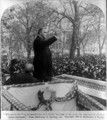 RECORD DATE NOT STATED President William McKinley speaking at Quincy Ill. President William McKinley speaking at Quincy Ill. McKinley (1843-1901)was the 25th President of the United States and led the nation to victory in the Spanish?American War, raised protective tariffs to promote American industry, and maintained the nation on the gold standard in a rejection of inflationary proposals. Editorial use only. All other uses to be cleared with the copyright owner (World History Archive), in advance., WHA_051_0060.jpg, William McKinley; McKinley Presidency; 25th President of the United States; Quincy Illinois; Spanish American War; Spanish?American War Victory; American protective tariffs; Dingley Tariff; Gold Standard; William McKinley Gold Copyright: xWorldxHistoryxArchivex