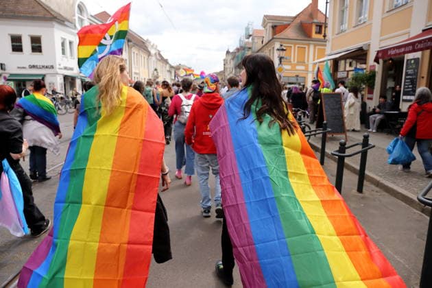 Menschen laufen mit Regenbogenfahnen in der Friedrich-Ebert-Straße während einer Demo zum Christopher Street Day in Potsdam, 9. Mai 2026. CSD in Potsdam *** People walk with rainbow flags in Friedrich Ebert Straße during a demonstration for Christopher Street Day in Potsdam, May 9, 2026 CSD in Potsdam