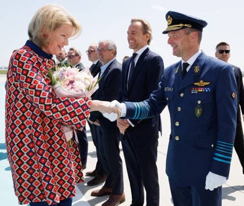 Queen Mathilde of Belgium, Minister of Defence and Foreign Trade Theo Francken, Brussels region Minister-President Boris Dillies, Flemish Minister-President Matthias Diependaele, Walloon vice-minister president Pierre-Yves Jeholet, Belgian Ambassador to Turkey Hendrik Van De Velde and CHOD (Chief of Defence) Fraderik Vansina pictured after the landing in front of the State Guest House in Istanbul, on the first day of a Belgian economic mission to Turkey, on Sunday 10 May 2026. The Queen of the Belgians is visiting Turkey from 10 to 14 May.  BENOITxDOPPAGNE 173432055